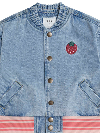 Dreamy Denim Strawberry Bomber