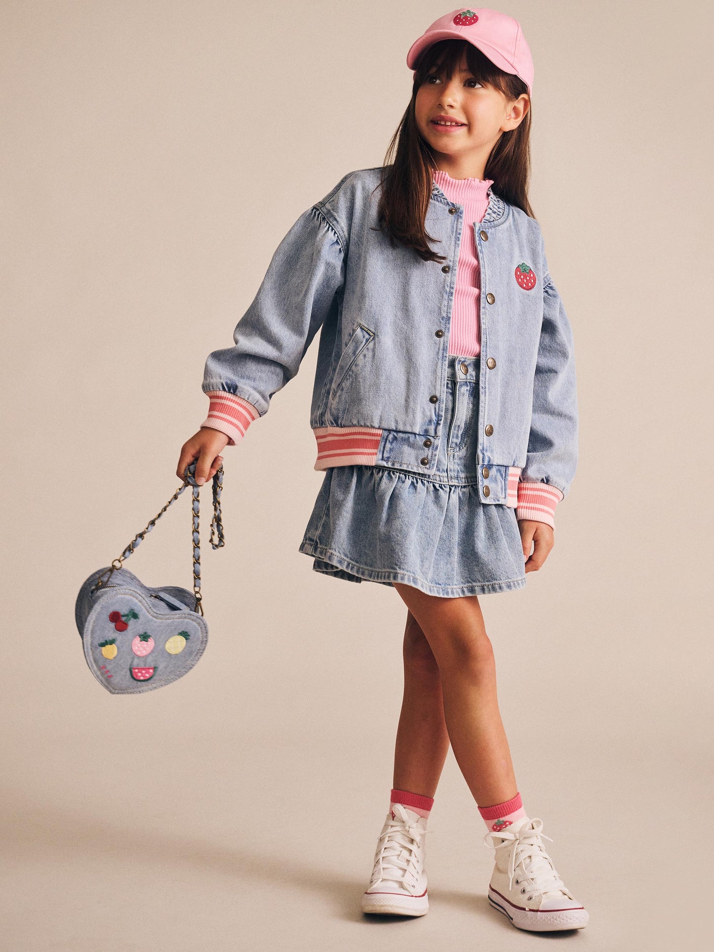 Dreamy Denim Strawberry Bomber