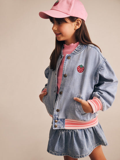 Dreamy Denim Strawberry Bomber
