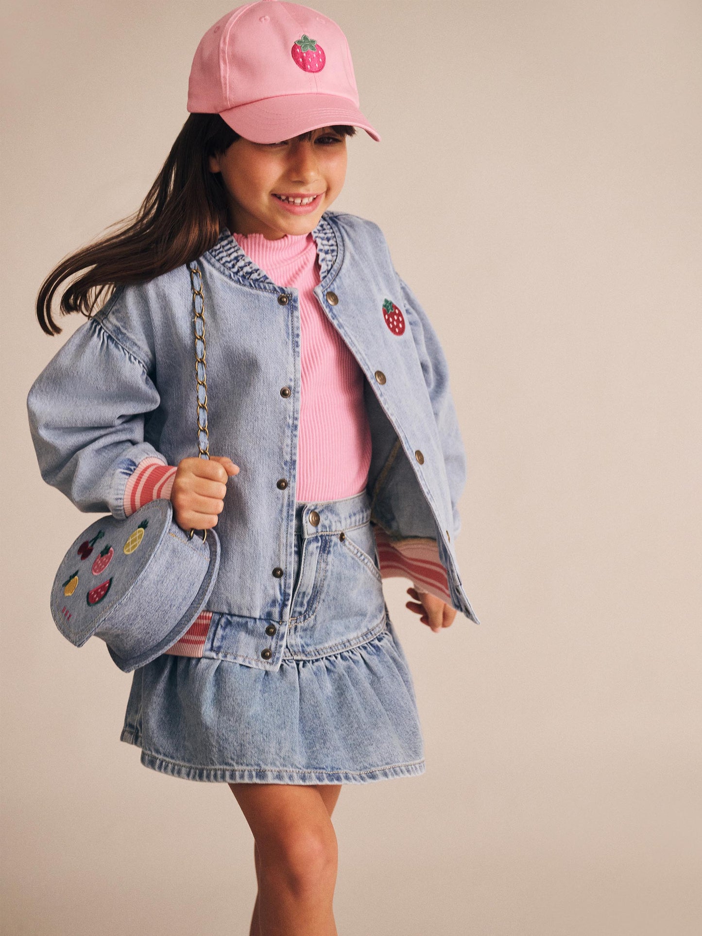 Dreamy Denim Strawberry Bomber