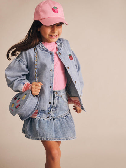 Dreamy Denim Strawberry Bomber