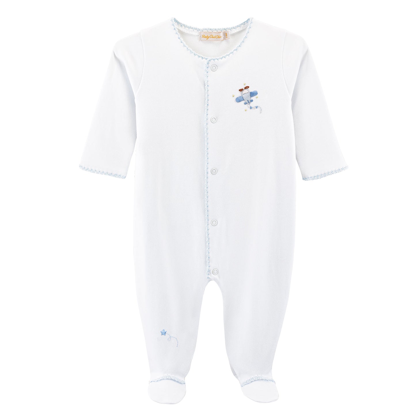 Sky Adventure Footie w/Blue Crochet Trim