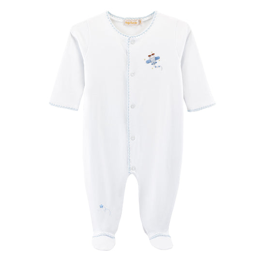 Sky Adventure Footie w/Blue Crochet Trim