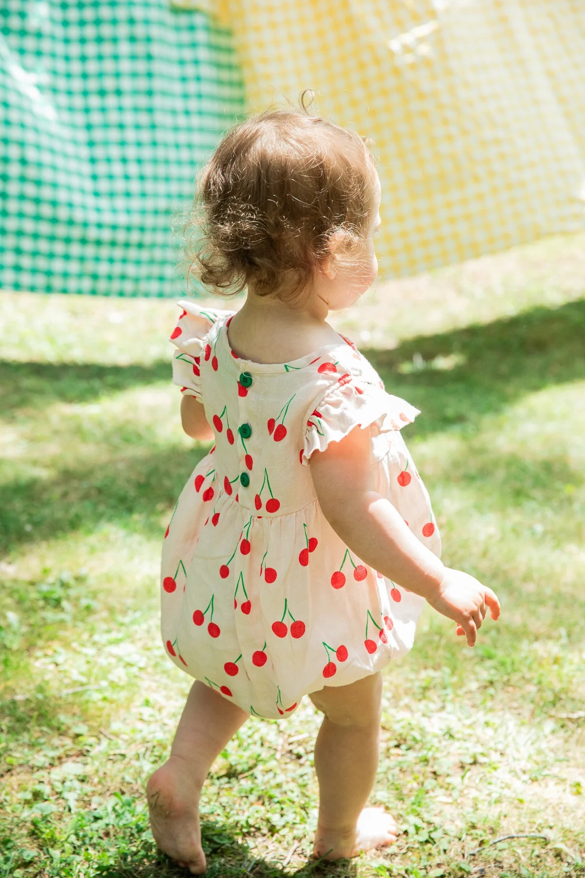 Linen Cherry Ruffle Baby Romper