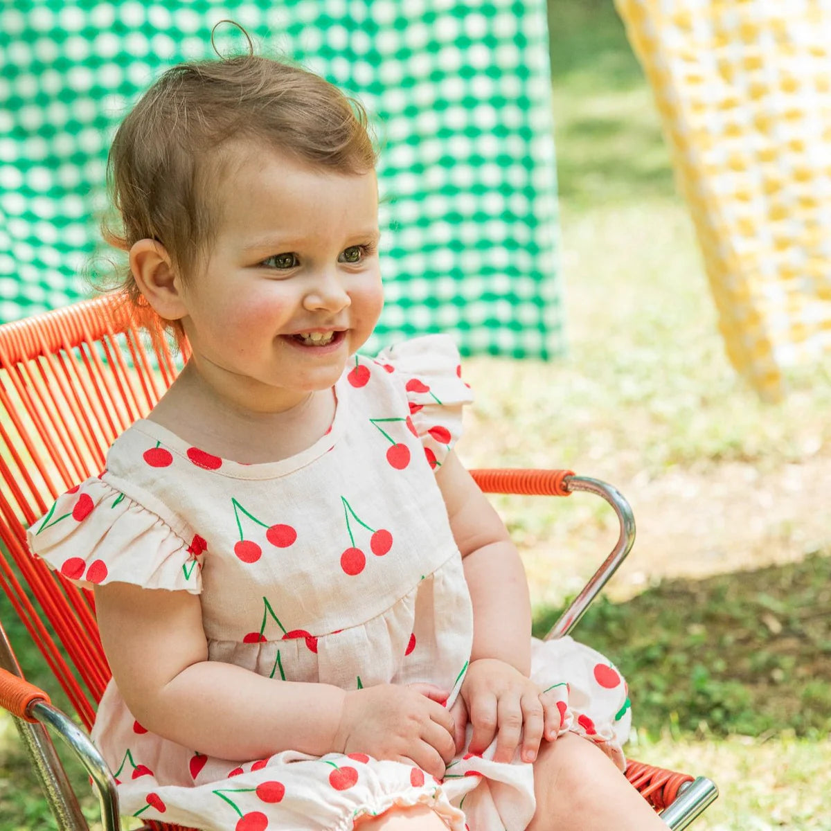 Linen Cherry Ruffle Baby Romper