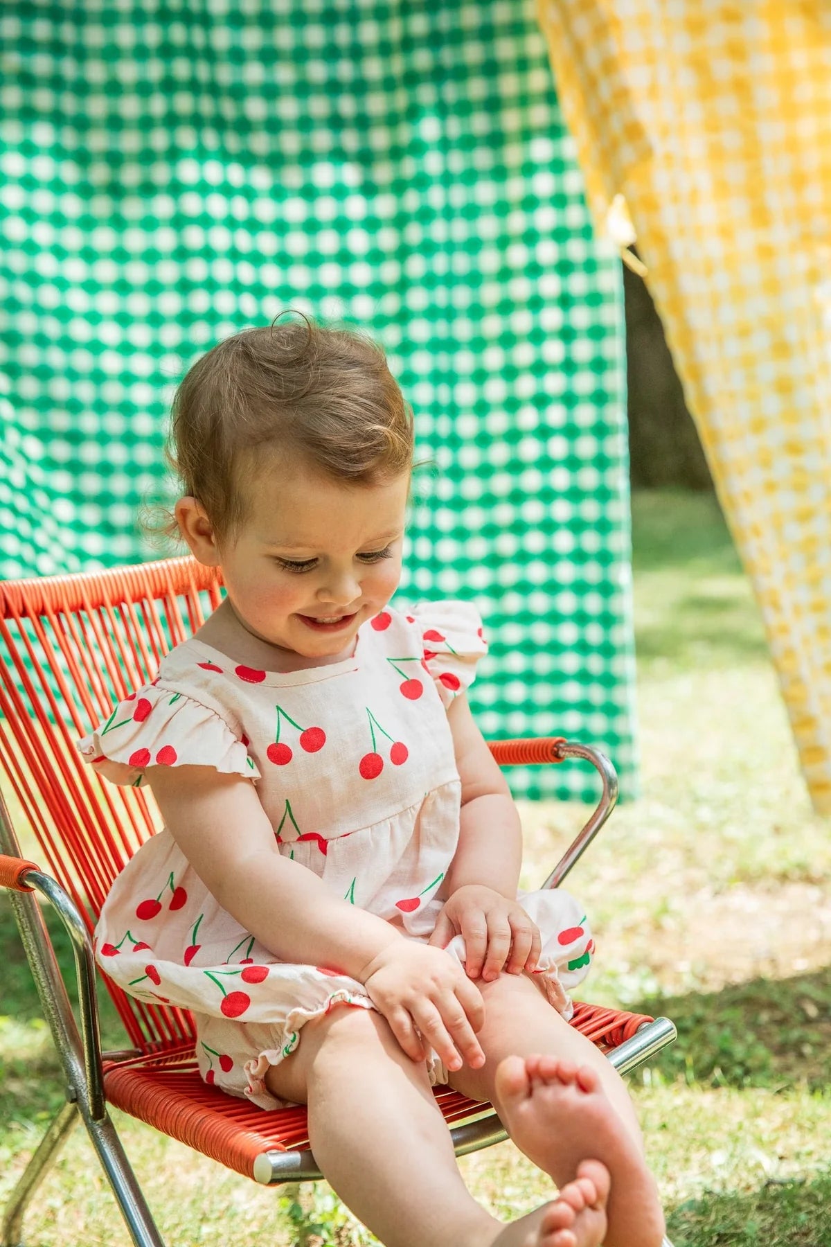 Linen Cherry Ruffle Baby Romper