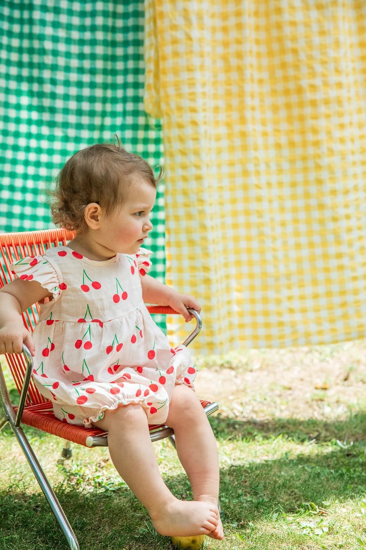 Linen Cherry Ruffle Baby Romper