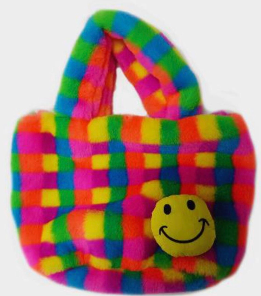 FAUX FUR TOTE NEON CHECK