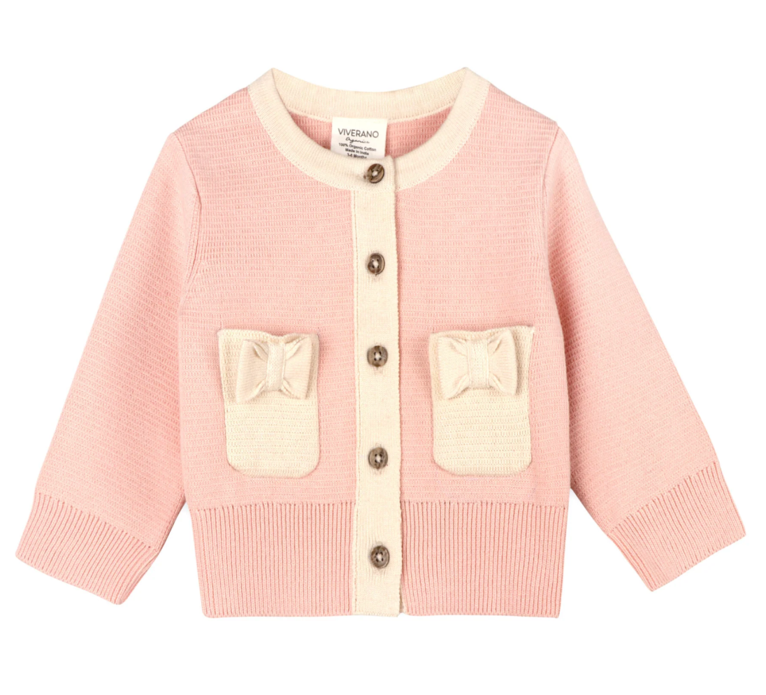 Lily Bow Pockets Sweater Knit Baby Cardigan- Rosewood Pink