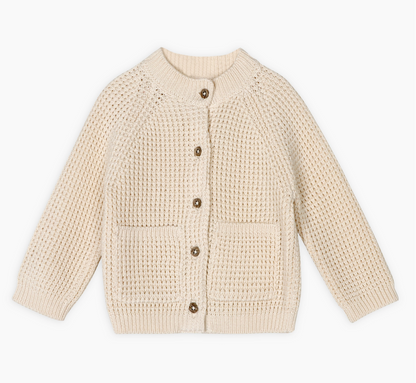 Avery Button & Pocket Chunky Sweater Knit Baby Cardigan - Natural