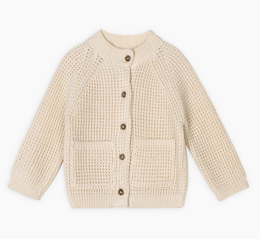 Avery Button & Pocket Chunky Sweater Knit Baby Cardigan - Natural