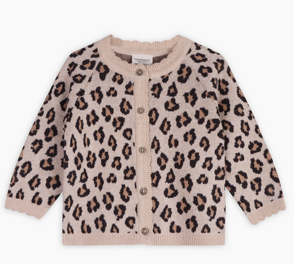 Leopard Jacquard Sweater Knit Baby Cardigan - Oatmeal Heather