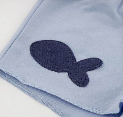 Charlie Roll-Edge Shorts - Fish Applique - Periwinkle
