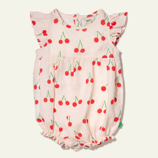 Linen Cherry Ruffle Baby Romper