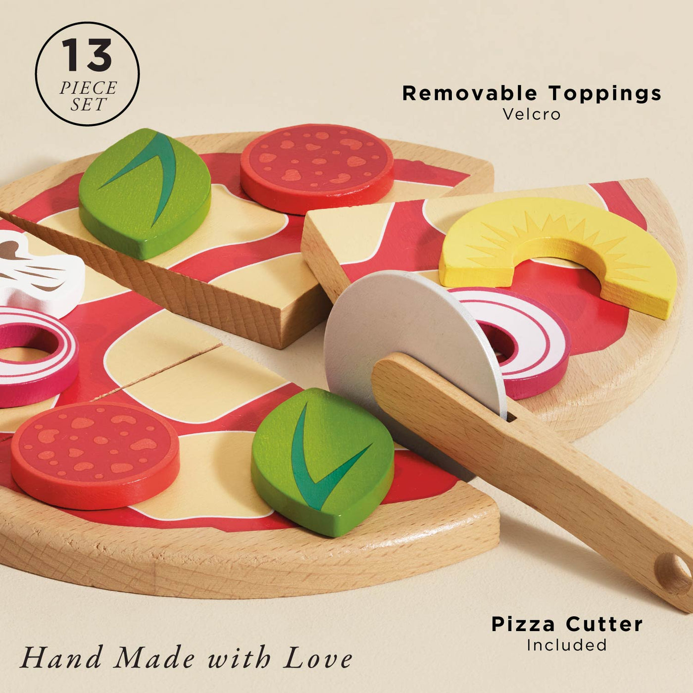 Wooden Pizza & Toppings with Slice Cutter