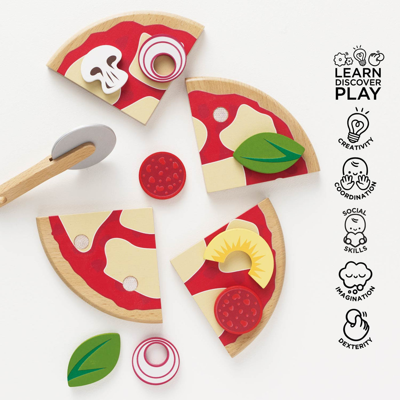 Wooden Pizza & Toppings with Slice Cutter