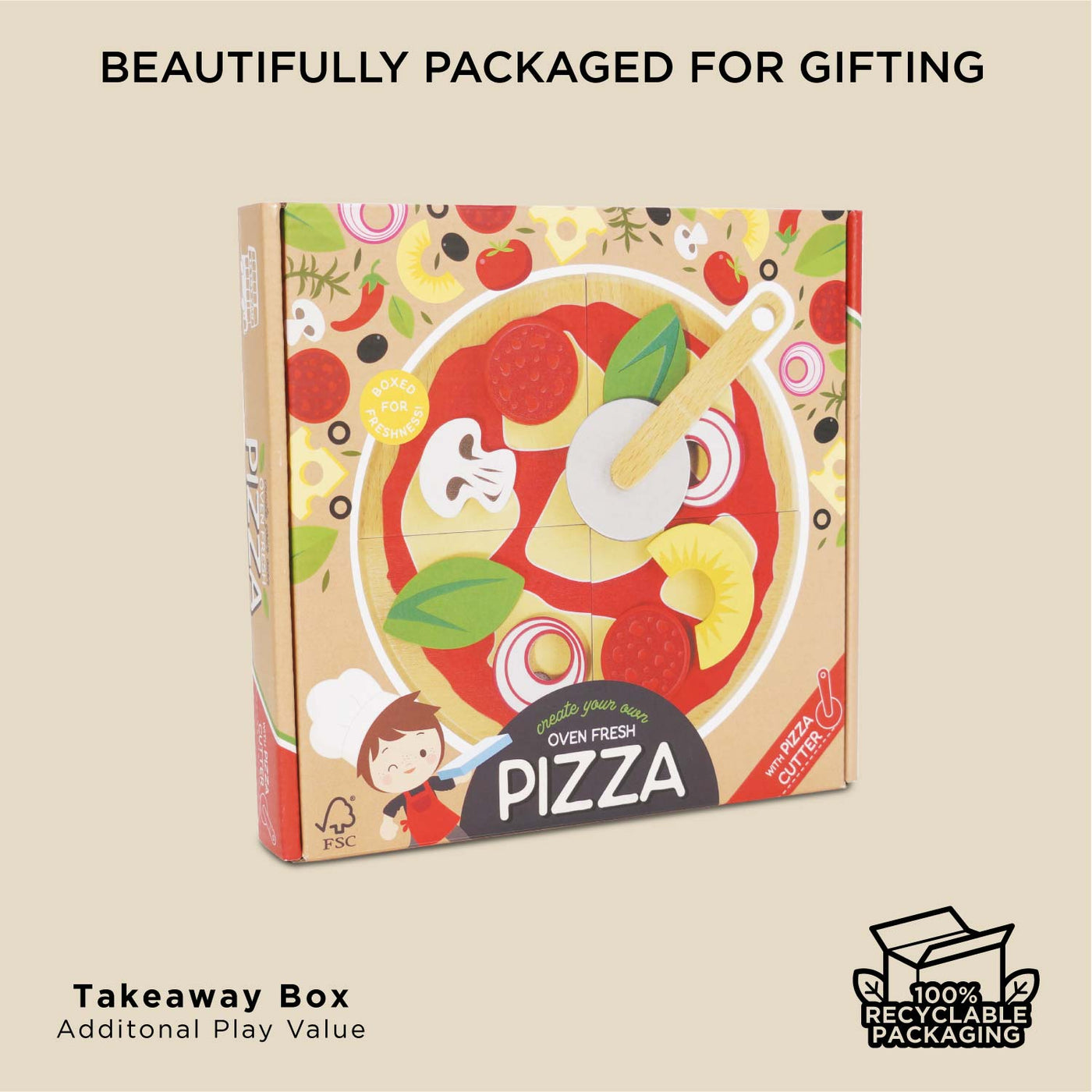 Wooden Pizza & Toppings with Slice Cutter