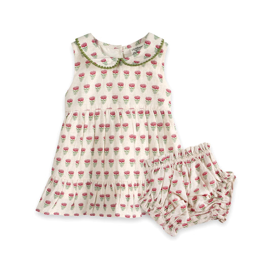 Mia Block Print Floral Baby Dress And Bloomer