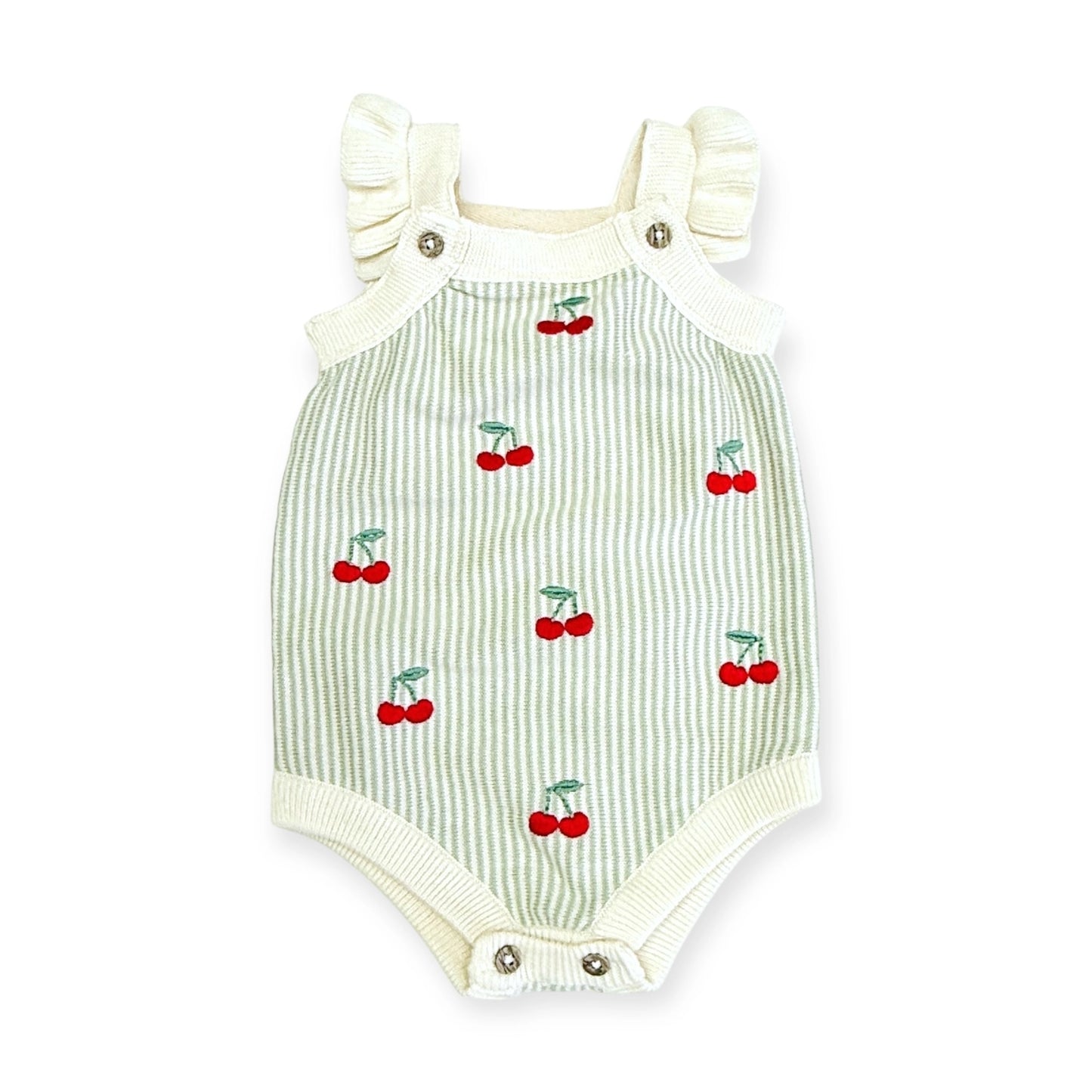 Cherry Stripe Embroidered Baby Ruffle Romper