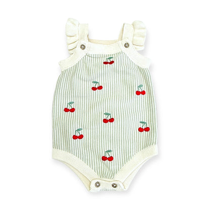Cherry Stripe Embroidered Baby Ruffle Romper