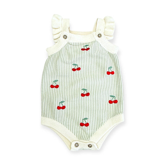 Cherry Stripe Embroidered Baby Ruffle Romper