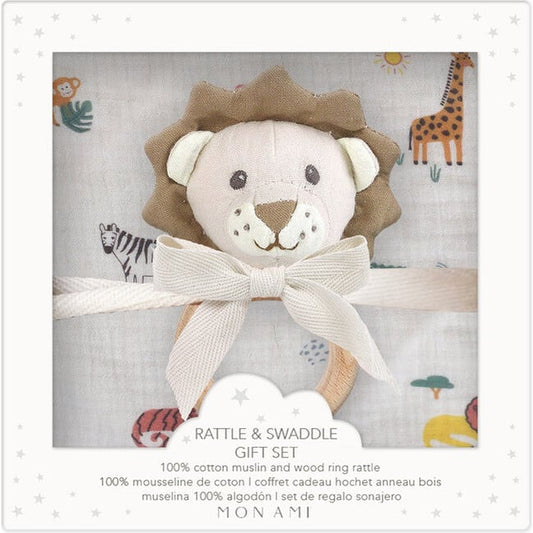 Safari Swaddle & Lion Rattle Gift Set